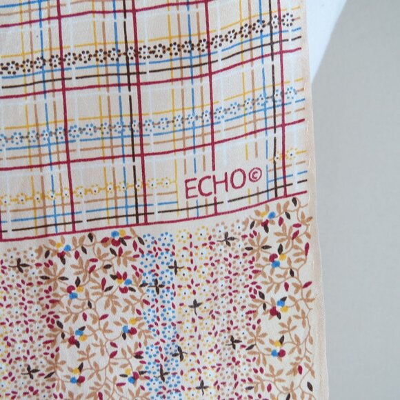 Vintage ECHO Autumnal Long Silk Scarf 57"x9" Muted Plaid Floral Border - Picture 3 of 8